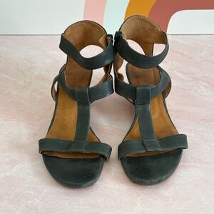 COCLICO Elegant Navy Italian Leather Sandals with Side Zip, Wood Wedge size 7